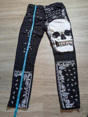 TR Premium Mens Black Size 34x32 Skinny Jeans Skull Bandana Graphic Punk Style